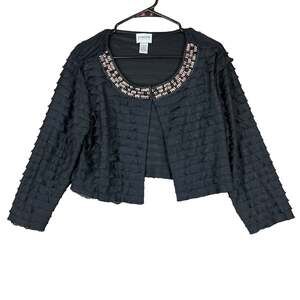 Chicos Traveler Womens Cardigan Black Cropped Ruffle Beaded Front 2 (US L)